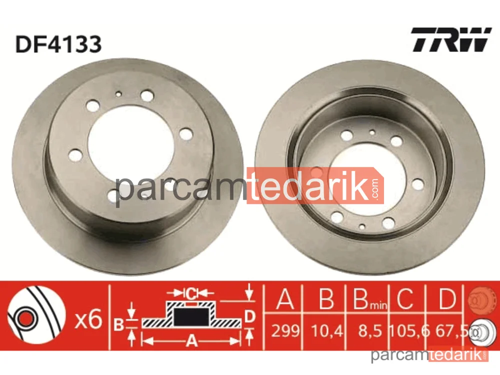 DF4133 | Fren Diski Arka 6 Bijon, Boyali, 299 MM Daewoo Korando 2.3 99=>, 2.9 D 99=>, 2.9 TD 99=>, 3.2 4X4 99=>