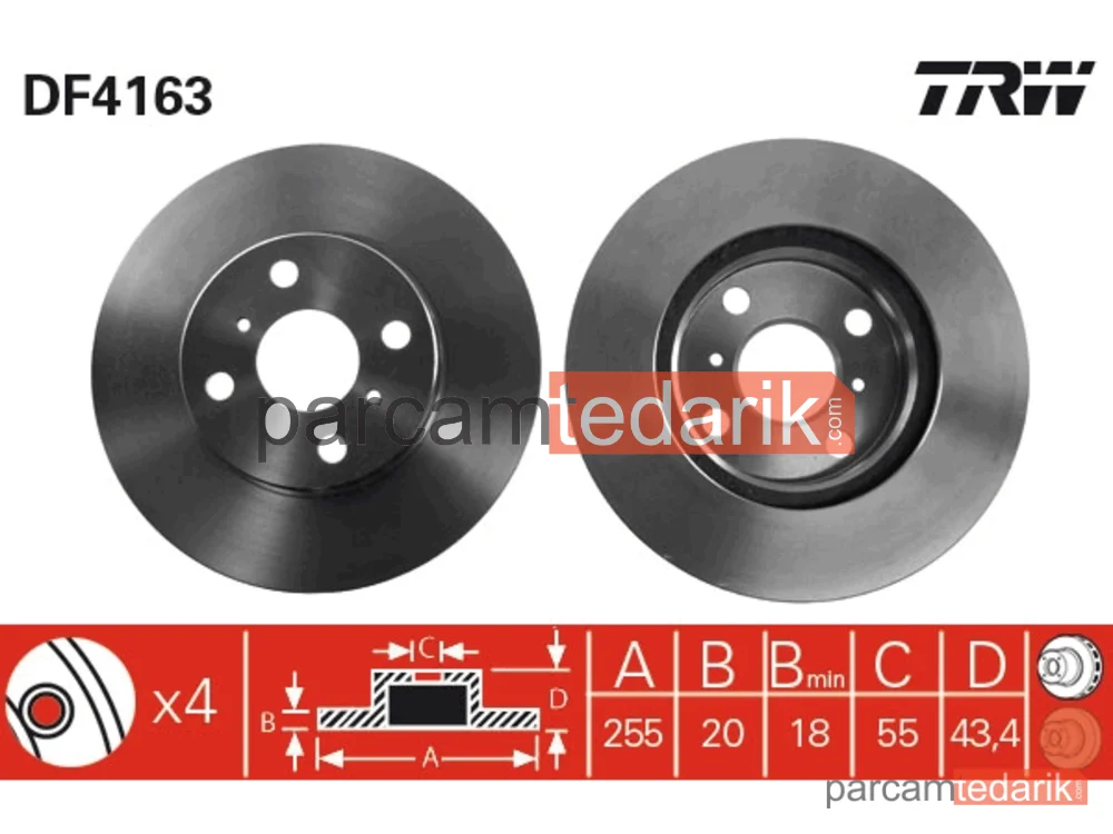 DF4163 | Fren Diski Ön Hava Kanallı, Boyali, 4 Bijon, 255 MM Toyota Yaris 1.0 99-05, 1.3 99-05, 1.5 00-05, 1.4 D-4D 01-05