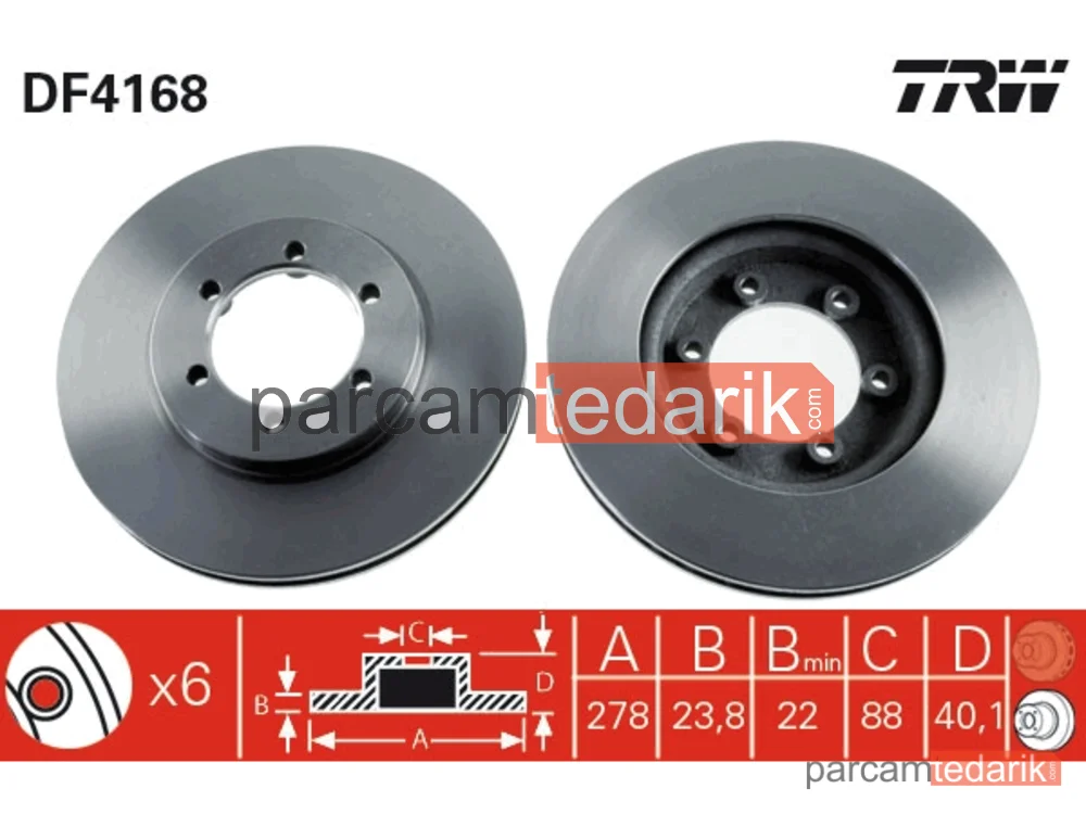 DF4168 | Fren Diski Ön Hava Kanallı, BOYALI,6 Bijon, 278 MM Daewoo Korando 2.3 99=>, 2.9 D 99=>, 2.9 TD 99=>, 3.2 4X4 99=>