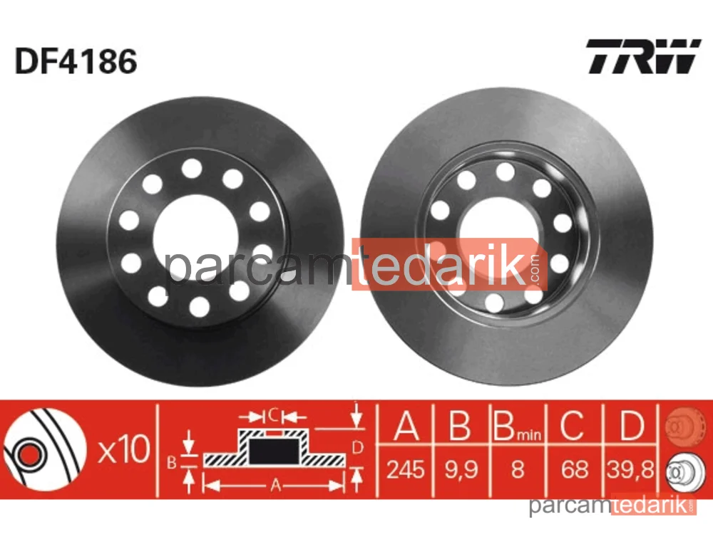 DF4186 | Fren Diski Arka 10 Bijon, Boyali, 245 MM Audi A4 1.6 00-04, 1.8 T 00-04, 1.8 T Quattro 00-04, 2.0 00-04, 2.0 FSİ 02-04, 1.9 TDİ 00-04, 2.5 TDİ 01-04