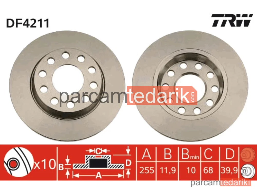 DF4211 | Fren Diski Arka Boyali, 10 Bijon ,255 MM Audi A4 1.6 00-04, 1.8 T 00-04, 1.8 T Quattro 00-04, 2.0 00-04, 2.0 FSİ 02-04, 1.9 TDİ 00-04, 2.5 TDİ 01-04, A4 Avant 1.6 01-04, 1.8 T 01-04, 1.8 T Quattro 01-04, 2.0 01-04, 2.4 01-04, 3.0 01-04, 3.0 Quattro 01-04, 1.9 DTİ 01-04, 2.5 TDİ 01-04