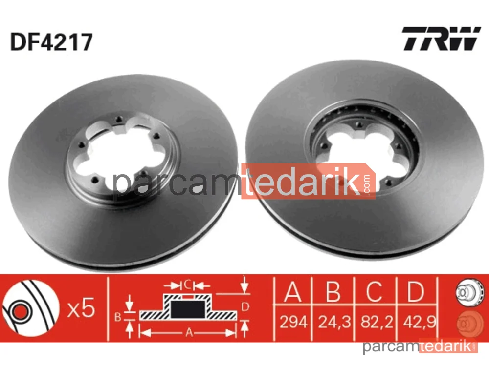DF4217 | Fren Diski Ön Hava Kanallı, Boyali, 5 Bijon, 294 MM Ford Transit 2.0 Dİ 00-06, 2.3 16V RWD 00-06, 2.4 Dİ RWD 00-06, 2.4 Dİ 00-06, 2.4 TDE 04-06