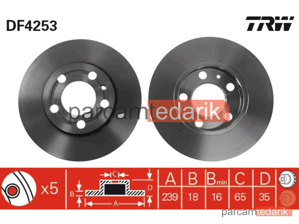 DF4253 | Fren Diski Ön Hava Kanallı, Boyali, 5 Bijon, 239 MM Skoda Fabia I 1.0 99-02, 1.2 01-08, 1.4 00-02