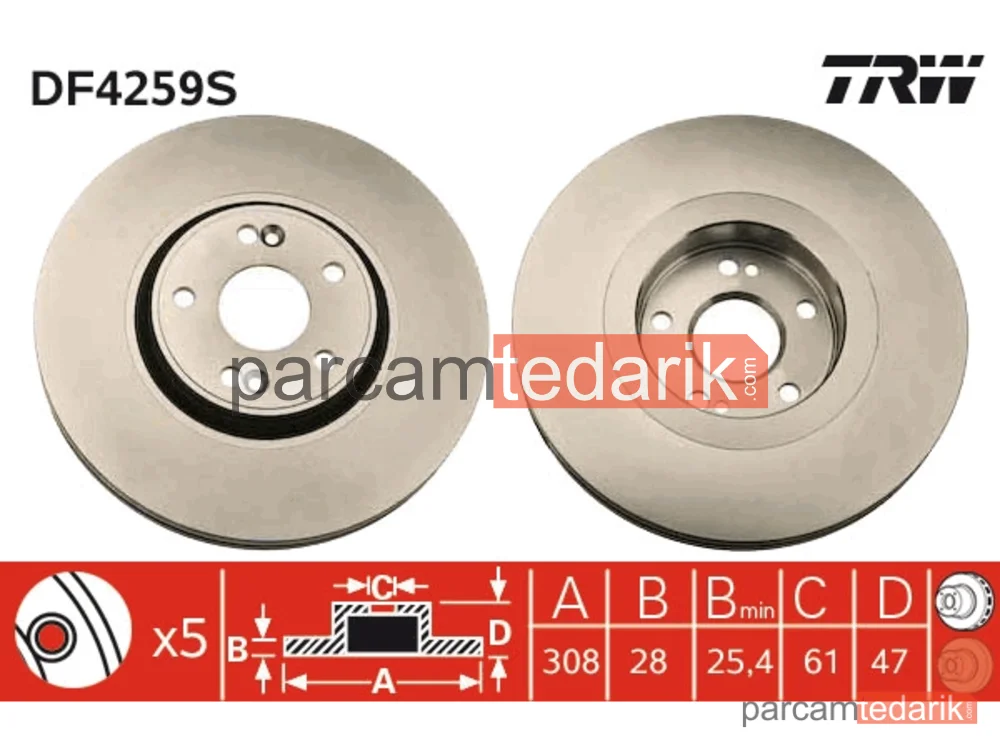 Fren Diski Ön Hava Kanallı, Boyali, 5 Bijon, 308 MM Renault Laguna II 2.0 16V T 03-05 - DF4259S