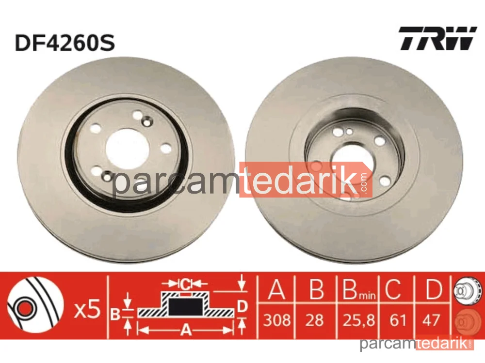 Fren Diski Ön Hava Kanallı, Boyali, 5 Bijon, 308 MM Renault Laguna II 3.0 V6 24V 01-07 - DF4260S