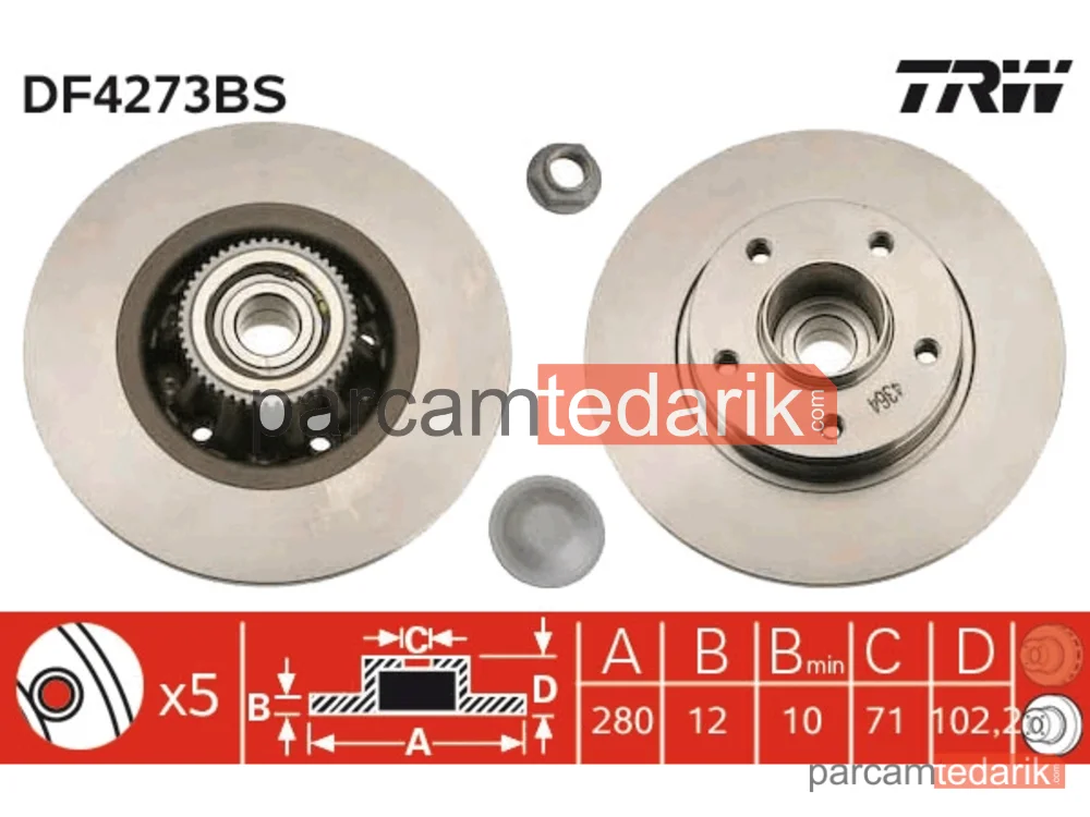 Fren Diski Arka Teker Rulmanli 5 Bijon, 280 MM Renault Trafic II 1.9 DCİ 01=> - DF4273BS