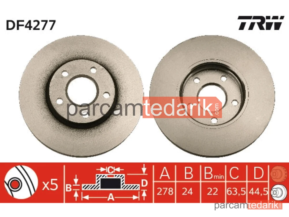 DF4277 | Fren Diski Ön Hava Kanallı, Boyali, 5 Bijon, 278 MM Ford Transit Connect 1.8 TDCİ 02-13