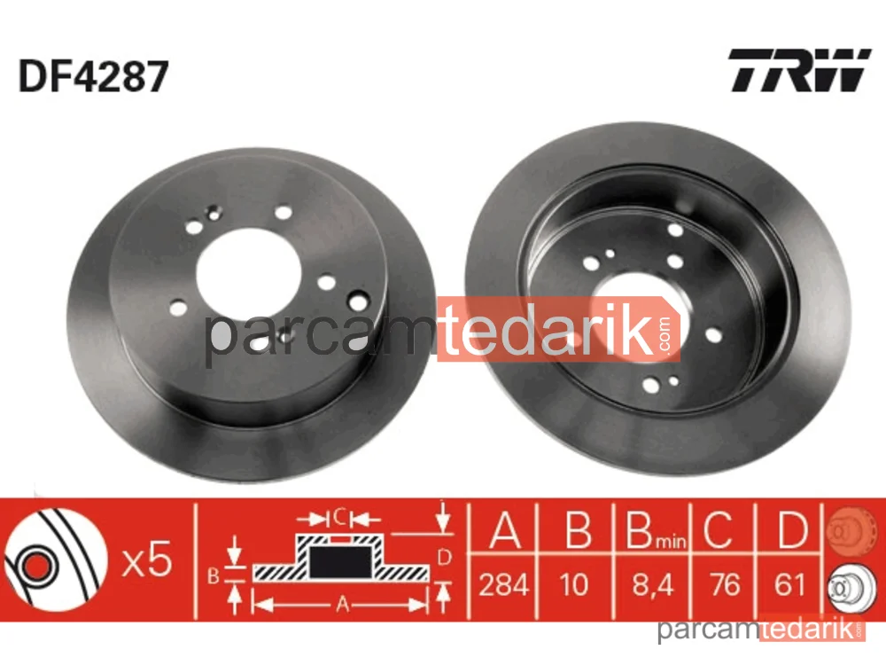 DF4287 | Fren Diski Arka Hyundai Tucson Sportage 04-10 / Santafe 00-05 284×5