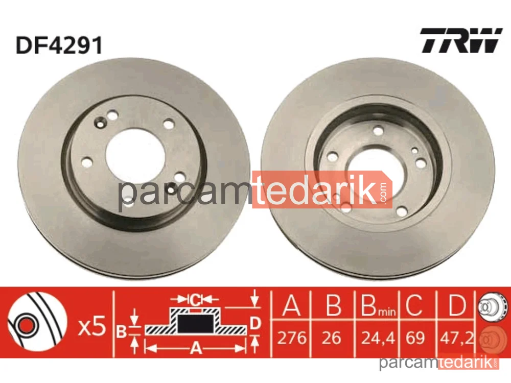 DF4291 | Fren Diski Ön Hava Kanallii, Boyali, 5 Bijon, 276 MM Hyundai Santa FE I 2.0 01-06, 2.0 CRDİ 01-06