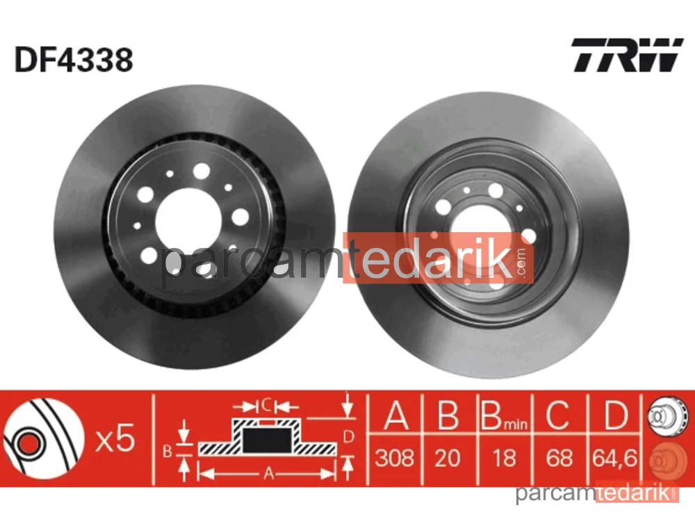 DF4338 | Fren Diski Arka Havalı 308MM (Volvo XC90 2.5T D5 T6 02 - 17)