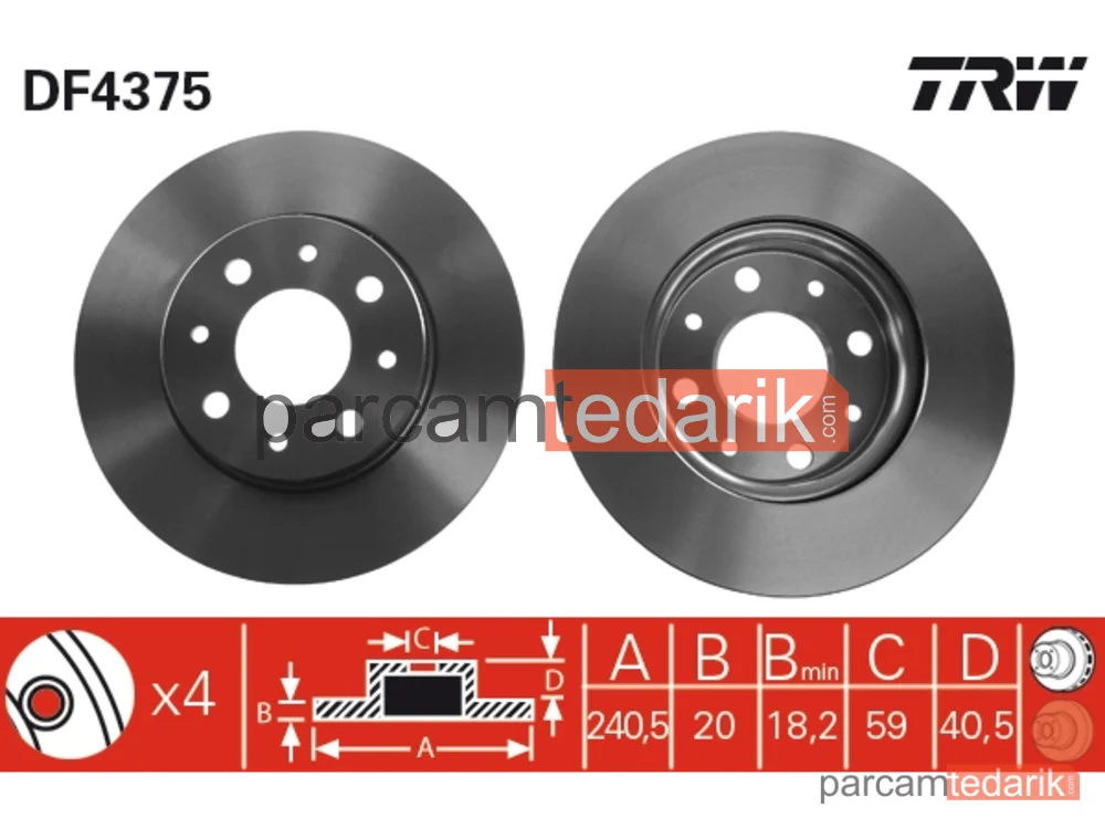 DF4375 | Fren Diski Ön Hava Kaalli, Boyali, 4 Bijon, 240 MM Fiat Panda 1.2 4X4 04=>, 1.3 D Multijet 03=>