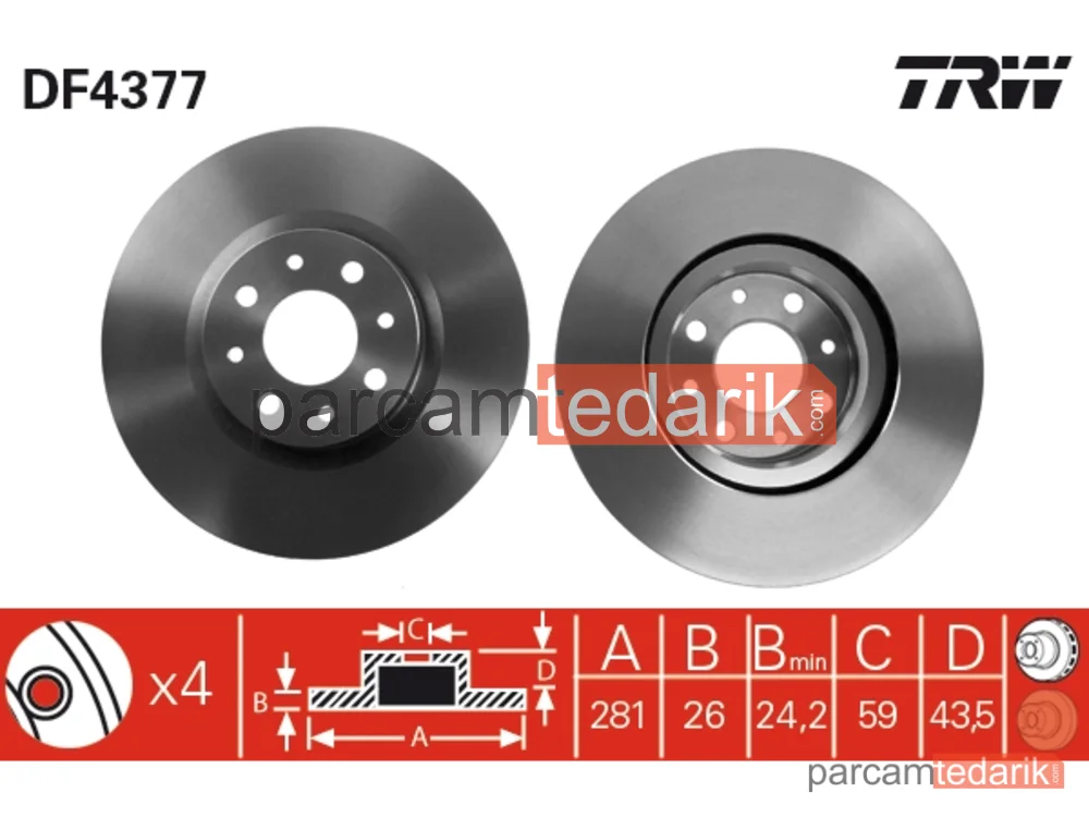 DF4377 | Fren Diski Ön Hava Kanallı, Boyali, 4 Bijon, 281 MM Alfa Romeo Mito 1.6 JTDM 08=>