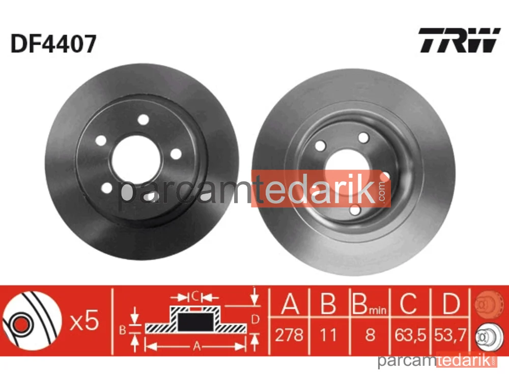 DF4407 | Fren Diski Arka Boyali, 5 Bijon, 278 MM Ford Transit Connect 1.8 16V 02-13, 1.8 Dİ 02-13, 1.8 TDCİ 02-13