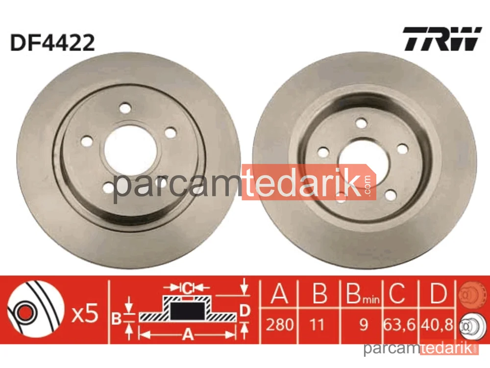 DF4422 | Fren Diski Arka Boyali, 5 Bijon, 280 MM Ford C-Max 2.0 07-10, 2.0 CNG 09-10, 1.8-2.0 TDCİ 07-10, Focus C-Max 2.0 04-07, 1.6-2.0 TDCİ 03-07, 1.8 TDCİ 05-07, Focus II 2.0 04-12, 2.0 FLEX 08-10, 2.0 CNG 09-11, 1.8 TDCİ 05-12, 2.0 TDCİ 04-12, Volvo C 30 1.6-1.8-2.0 06-12, 2.4 İ 06-12