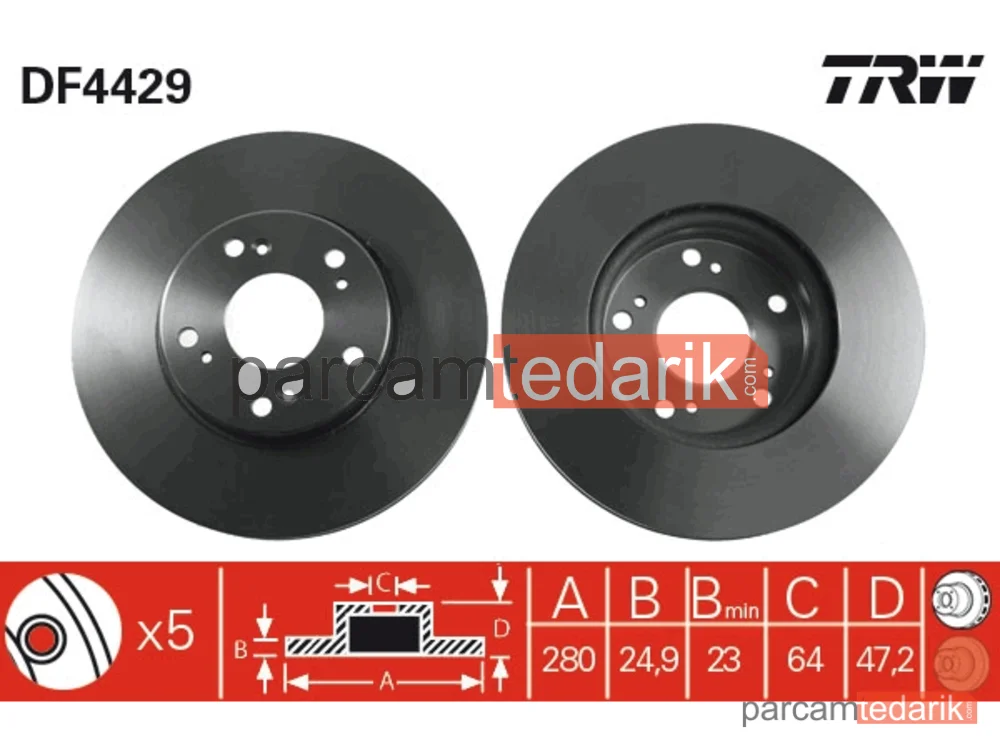DF4429 | Fren Diski Ön Hava Kanallı, Boyali, 5 Bijon, 280 MM Honda Accord VII 2.0 03-08, 2.2 İ-CTDİ 04-08