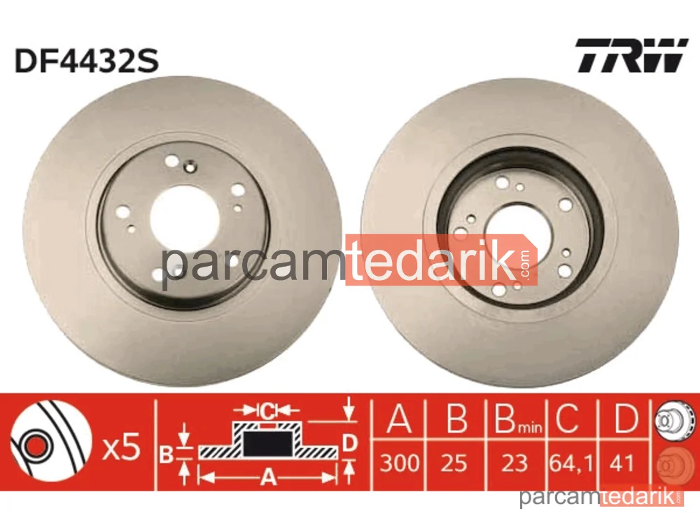 DF4432S | Fren Diski Ön Hava Kanallı, Boyali, 5 Bijon, 300 MM Honda Accord VII 2.0 03-08, 2.2 İ-CTDİ 04-08