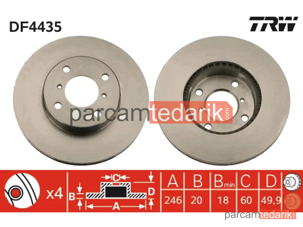 DF4435 | Fren Diski Ön Hava Kanallı, Boyali, 4 Bijon, 246 MM Suzuki Baleno 1.8 GTX 96-02