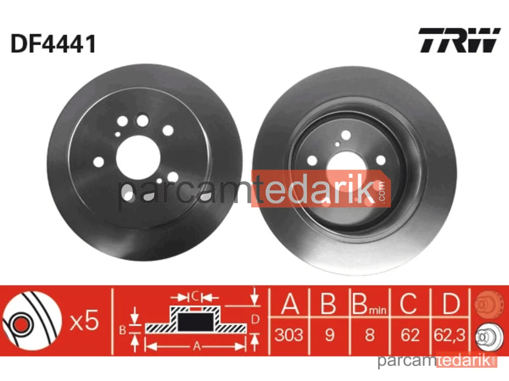 DF4441 | Fren Diski Arka Boyali, 5 Bijon, 303 MM Toyota RAV 4 II 1.8 00-05, 2.0 4WD 00-05, 2.0 D 4WD 01-05