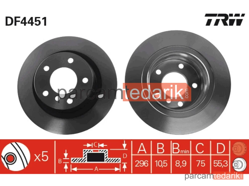 DF4451 | Fren Diski Arka Boyali, 5 Bijon, 296 MM BMW 1 118 İ 04-11, 120 İ 04-11