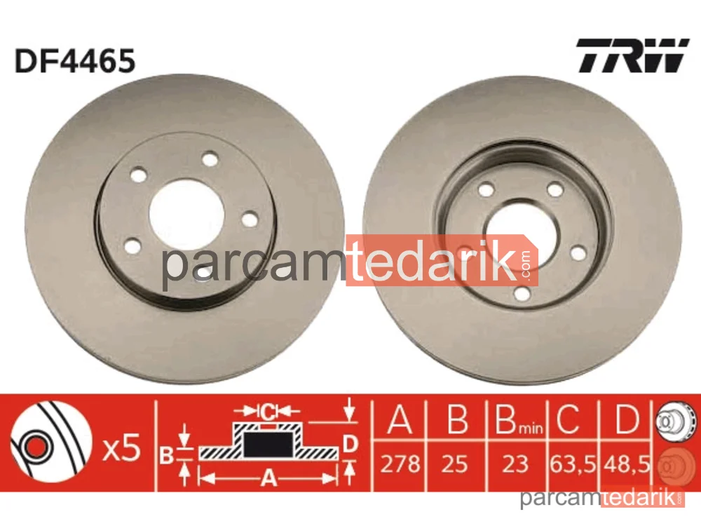 DF4465 | Fren Diski Ön Hava Kanallı, Boyali, 5 Bijon, 278 MM Ford C-Max 1.6-1.8 07-10, 1.6 TDCİ 07-10, 2.0 TDCİ 08-10, Focus II 1.4-1.6-2.0 04-12, 1.6 Tİ 04-12, 1.8 06-12, 1.6-2.0 TDCİ 04-12