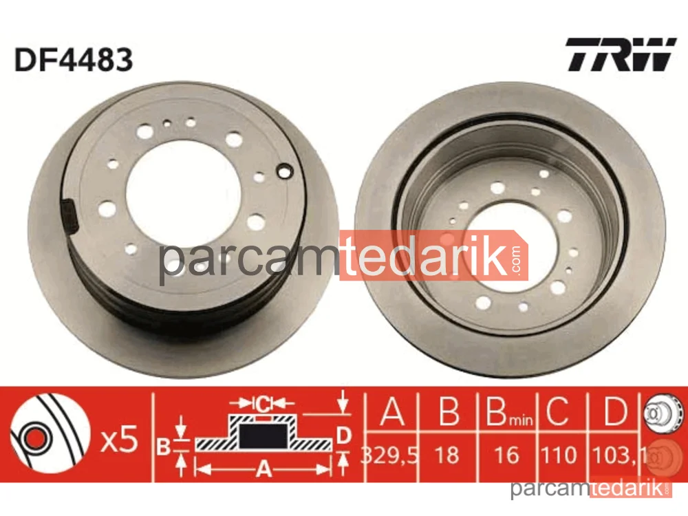 DF4483 | Fren Diski Arka Hava Kanallı, Boyali, 5 Bijon, 329 MM Toyota Land Cruiser 4.2 TD 98-07