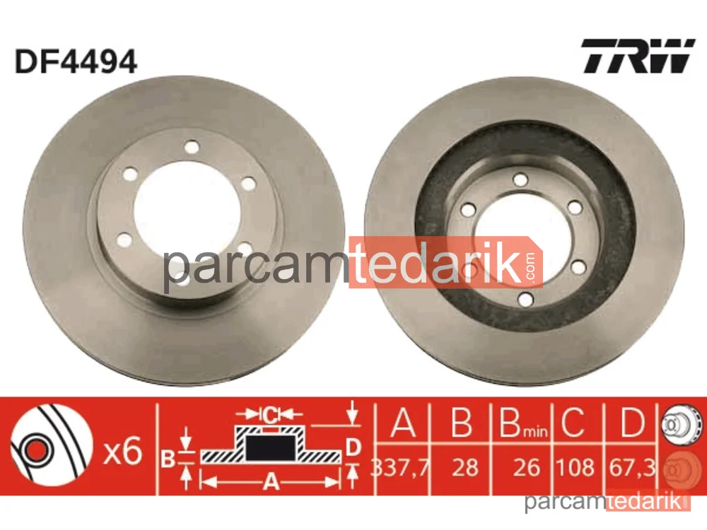 DF4494 | Fren Diski Ön Hava Kanallı, Boyali, 6 Bijon, 338 MM Toyota Land Cruiser Prado 4.0 02-10
