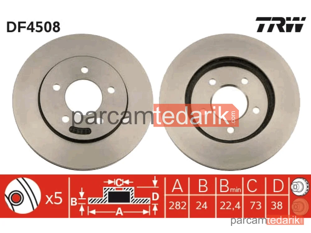 DF4508 | Fren Diski Ön Hava Kanallı, Boyali, 5 Bijon , 282 MM Chrysler Voyager II 2.0-2.4 İ 95-01, 2.4 AWD 97-01, 3.0 95-01, 3.3 , 95-01, 3.8 İ AWD 95-01, 3.8 97-00, 3.8 İ AWD 95-01, Dodge Caravan II 2.5 TD 95-01, 2.4 00-07