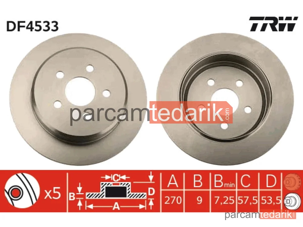 DF4533 | Fren Diski Arka Boyali, 5 Bijon, 270 MM Chrysler NEON 1.8 16V 97-99, 2.0 16V 94-99,2.0 96-00, 1.6 01-06, 1.8 00-01, NEON II 1.6 01-06, 1.8 00-01, 2.0 16V 99-06, PT Cruiser 1.0 01-10, 2.0-2.4 00-10, 2.2 CRD 02-10, Sebring 2.0-2.4 01-07, 2.7 V6 24V 01-07