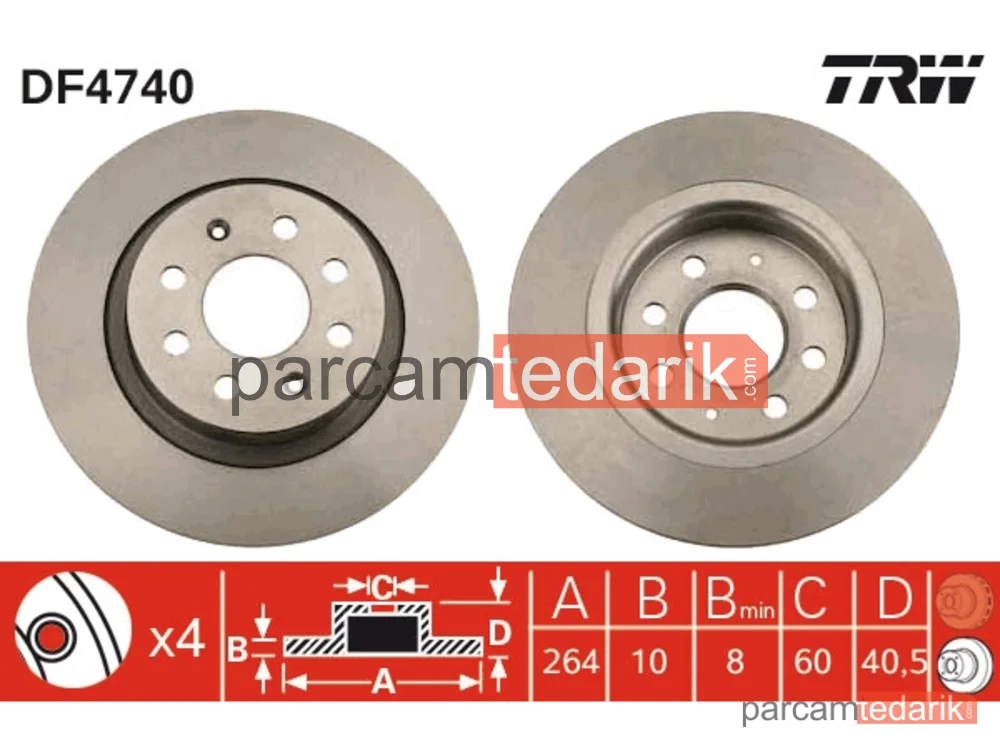 DF4740 | Fren Diski Arka Boyali, 4 Bijon, 264 MM Fiat Grande Punto 1.9 D Multijet 05=>, 1.4 05-07