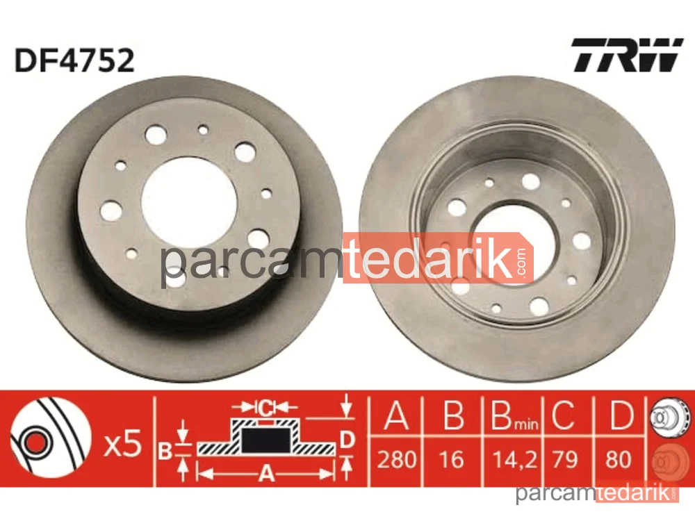 DF4752 | Fren Diski Arka Boyali, 5 Bijon, 280 MM Fiat Ducato 2.0 D Multijet 11=>, 2.2 D Multijet 06-11, 2.3 D Multijet 11=>, Peugeot Boxer 2.2 HDİ 11=> (DF98017S)