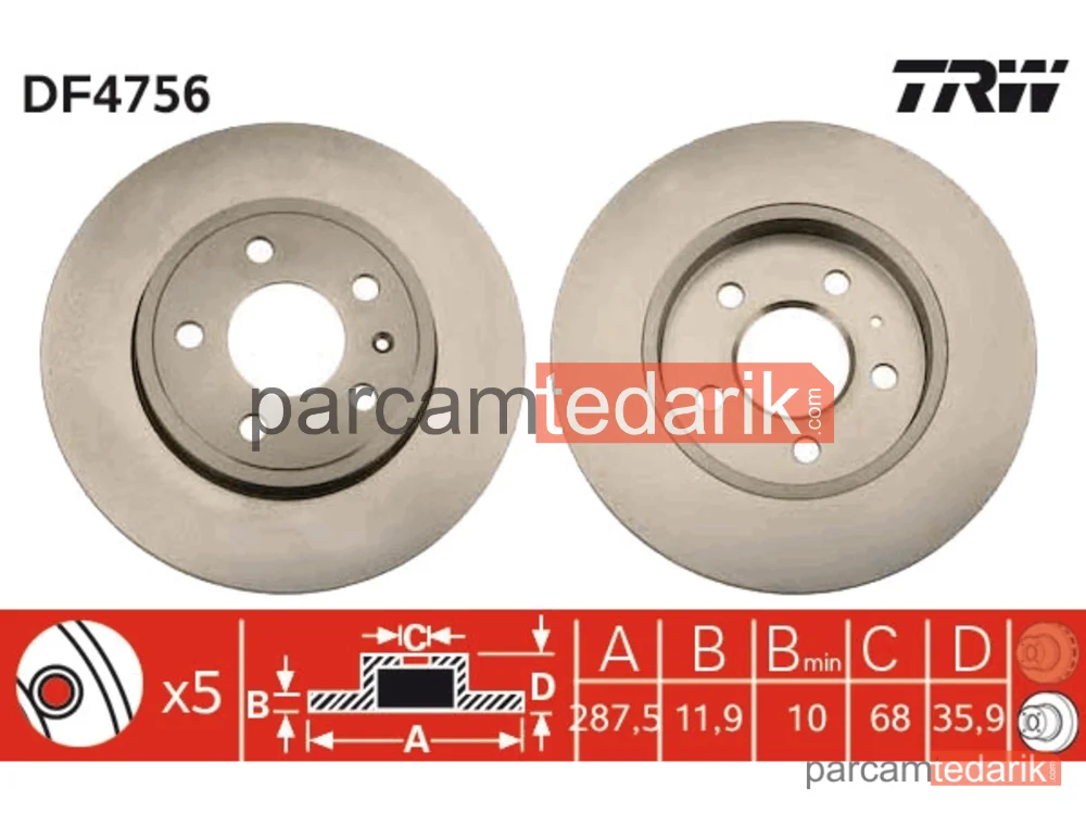 DF4756 | Fren Diski Arka Boyali, 5 Bijon, 288MM Audi A4 1.6 04-08, 2.0 TFSİ 04-08, 3.0 Quattro 04-06, 3.2 TFSİ 05-08, 2.0 TDİ 06-08, 2.5 TDİ 04-06, 2.7 TDİ 05-08