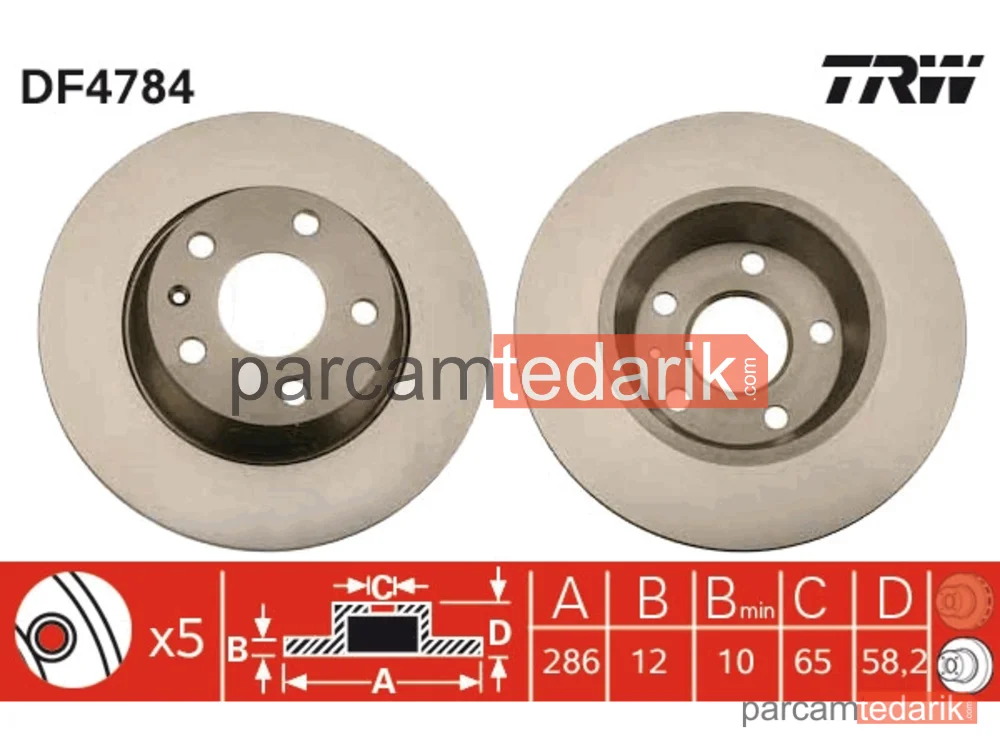 DF4784 | Fren Diski Arka Boyali, 5 Bijon, 286 MM Audi TT 2.0 TFSİ 06-14
