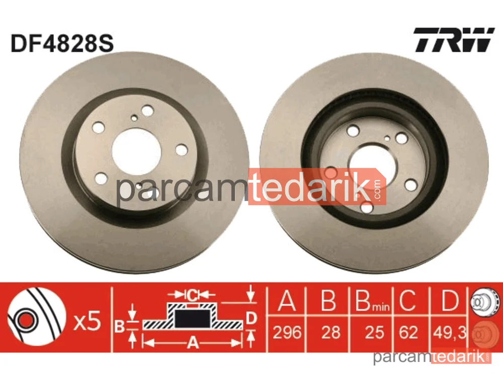 DF4828S | Fren Diski Ön Hava Kanallı, Boyali, 5 Bijon, 296 MM Toyota RAV 4 III 2.2 D 08-13