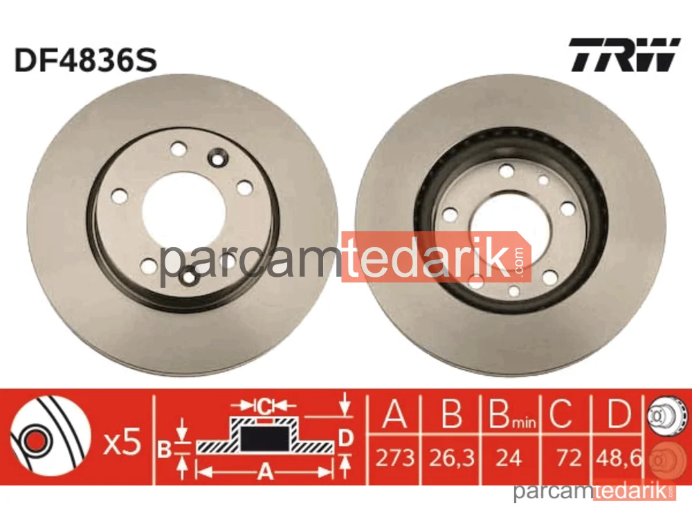 DF4836S | Fren Diski Ön Hava Kanallı, Boyali, 5 Bijon, 274 MM Kia Carnival II 2.5 V6 01-06, 3.5 02-06, 2.9 CRDİ 01-06, 2.9 TDİ 99-07
