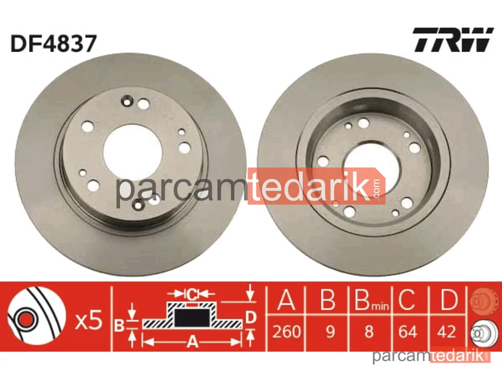 DF4837 | Fren Diski Arka Boyali, 5 Bijon, 260 MM Honda Civic VII HB 1.4 05=>, 2.2 CTDİ 05=>