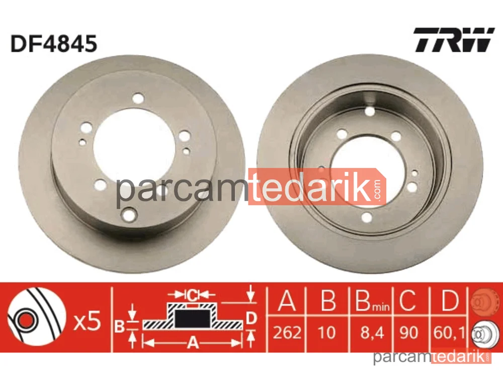 DF4845 | Fren Diski Arka Boyali, 5 Bijon, 262 MM Mitsubishi Eclipse II 2000 GS 16V 95-99, 2000 GT 16V 95-99, Lancer VII 2.0 03-13, Outlander I 2.0 03-06, 2.0 4WD 03-06, 2.0 T 4WD 04-06, 2.4 4WD 03-07, Outlander II 2.0 06-12, Space Runner 2.0 99-02, 2.4 GDİ 99-03