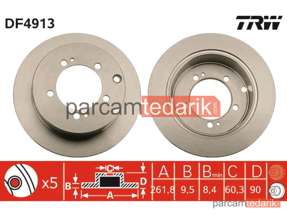 DF4913 | Fren Diski Arka Boyali, 5 Bijon, 262 MM Mitsubishi Pajero Pinin 1.8 01-07, 1.8 GDİ 99-01, 2.0 GDİ 00-07