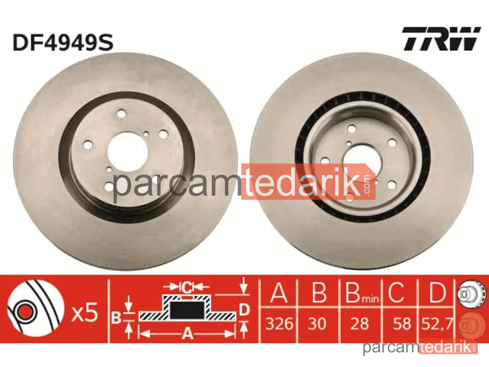 DF4949S | Fren Diski Ön Hava Kanallı, Boyali, 5 Bijon, 326 MM Subaru Impreza Sedan 2.0 WRX STİ AWD 01-05, 2.5 WRX STİ AWD 05-07, 2.5 AWD 05-07