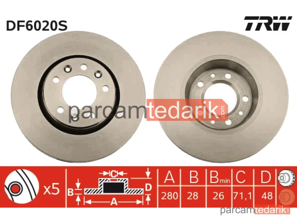 DF6020S | Fren Diski Ön Hava Kanallı, Boyali, 5 Bijon, 280 MM Fiat Scudo 1.6 D Multijet 07=>