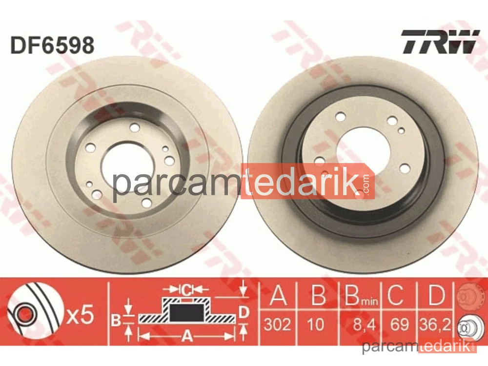 DF6598 | Fren Diski Arka Boyali, 5 Bijon, 302 MM Mitsubishi ASX 1.6 Mivec 10=>, 1.8 10=>, 1.8 Dİ-D 10=>, 1.8 Dİ-D 4WD 10=>, Outlander II 2.0 06-12, 2.0 4WD 06-12, 2.4 4WD 07-12, 2.0 Dİ-D 07-12, 2.2 Dİ-D 06-12, 2.2 Dİ-D 4WD 06-12