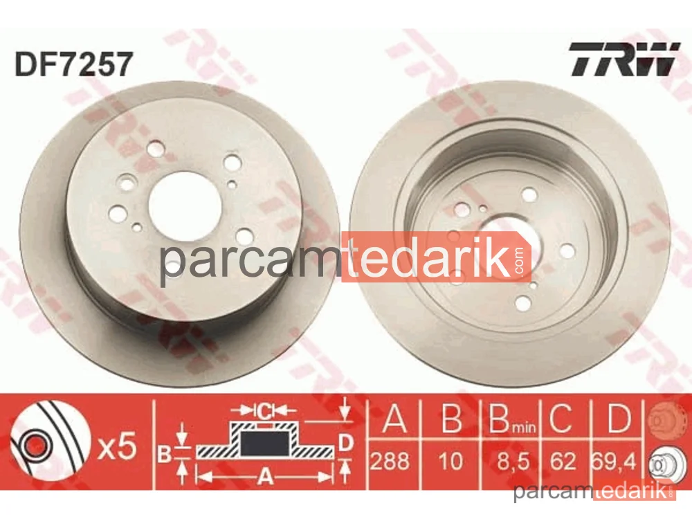 DF7257 | Fren Diski Arka Boyali, 5 Bijon, 288 MM Lexus RX 300 03-08, 330 03-06, 350 AWD 06-08, 400 H 05-08, 400H AWD 04-08