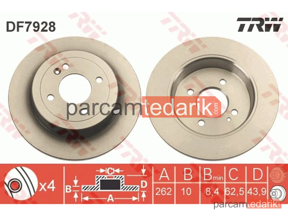 DF7928 | Fren Diski Arka DUZ Hyundai Accent BLUE 2011-/ I20 2015-/ I30 11-/ Kia Rio 2011-/ 262×4