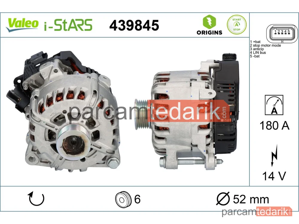 VALEO 439845 | Alternatör 180 A (Citroen C3 II 1.6 HDI 09-16 C4 14- C5 10- DS3 13-15 / Peugeot 208 1.6 HDI 12-)